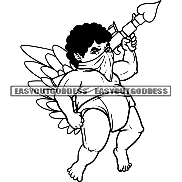 Angle Holding Gun Military Weapon Black And White Artwork African American Angle Wearing Musk Afro Hairstyle Angle Wings SVG JPG PNG Vector Clipart Cricut Silhouette Cut Cutting