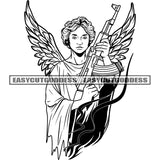 African American Angle Holding Gun Angle Wings Short Hairstyle Military's Weapon AK47 Black And White Artwork  SVG JPG PNG Vector Clipart Cricut Silhouette Cut Cutting