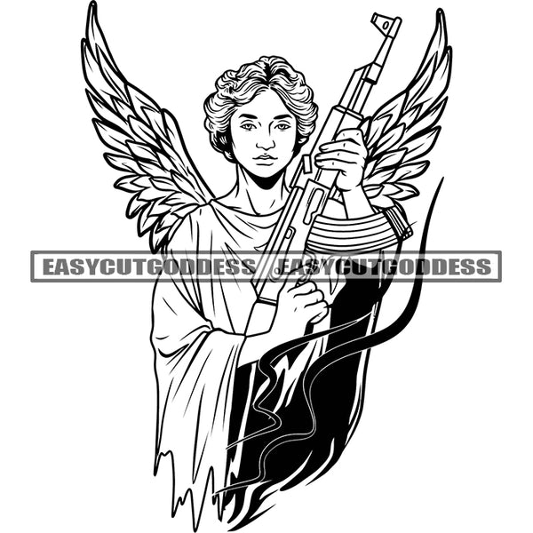 African American Angle Holding Gun Angle Wings Short Hairstyle Military's Weapon AK47 Black And White Artwork  SVG JPG PNG Vector Clipart Cricut Silhouette Cut Cutting