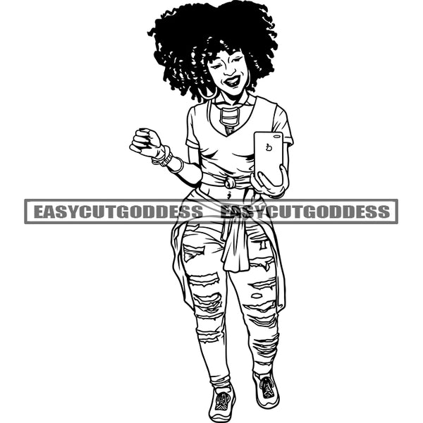 African American Woman Holding Phone Take Selfie Pose Afro Hairstyle Afro Woman Standing Smile Face Black And White Artwork Design Element SVG JPG PNG Vector Clipart Cricut Silhouette Cut Cutting