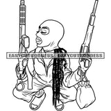 Gangster Woman Holding Gun African American Dangerous Woman Wearing Musk Sitting Pose Afro Woman Locus Hairstyle Vector BW SVG JPG PNG Vector Clipart Cricut Silhouette Cut Cutting