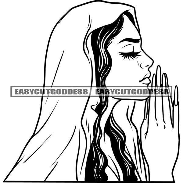 Long Hair African American Woman Hard Praying Hand Woman Side Face Design Element Long Nail Artwork SVG JPG PNG Vector Clipart Cricut Silhouette Cut Cutting