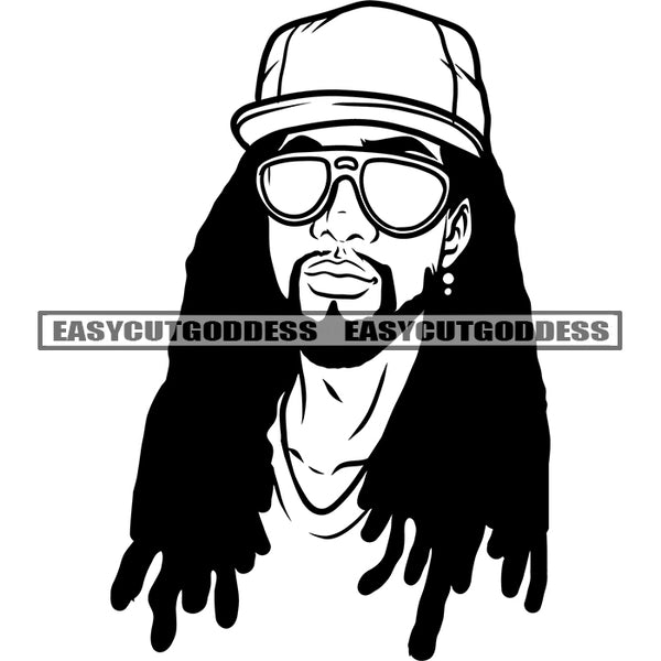 African American Gangster Man Face Design Element Wearing Sunglass And Locus Hairstyle Vector Black And White Artwork SVG JPG PNG Vector Clipart Cricut Silhouette Cut Cutting