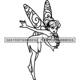 Cartoon Angle Character Long Hairstyle Smile Face Design Element Black And White Artwork Angle Wings SVG JPG PNG Vector Clipart Cricut Silhouette Cut Cutting