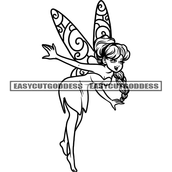 Cartoon Angle Character Long Hairstyle Smile Face Design Element Black And White Artwork Angle Wings SVG JPG PNG Vector Clipart Cricut Silhouette Cut Cutting