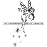 Star Symbol Cute Cartoon Angle Character Long Hairstyle Smile Face Design Element Black And White Artwork Angle Wings SVG JPG PNG Vector Clipart Cricut Silhouette Cut Cutting