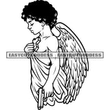Angle Wings Afro Man Afro Short Hairstyle African American Man Angle Side Look Design Element BW Artwork Holding Cross SVG JPG PNG Vector Clipart Cricut Silhouette Cut Cutting