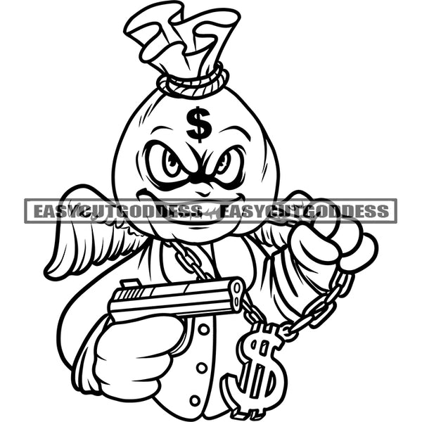 Funny Gangster Cartoon Character Holding Gun And Hustle Chain Smile Scarface Design Element Angry Look Money Bag Head Artwork SVG JPG PNG Vector Clipart Cricut Silhouette Cut Cutting