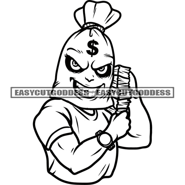 Smile Face Funny Gangster Cartoon Character Holding Money Bundle Smile Scarface Design Element Angry Look Money Bag Head Artwork SVG JPG PNG Vector Clipart Cricut Silhouette Cut Cutting