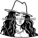 African American Sexy Woman Wearing Hat Afro Woman Sexy Pose Head And Face Design Element Curly Long Hairstyle BW Artwork SVG JPG PNG Vector Clipart Cricut Silhouette Cut Cutting