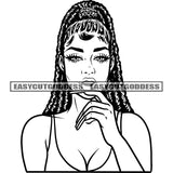 African American Woman Thinking Pose Long Nail Vector Locus Long Hairstyle Design Element BW Artwork SVG JPG PNG Vector Clipart Cricut Silhouette Cut Cutting
