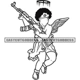 African American Woman Holding Gun Weapon Crown On Head Wearing Face Scarf Angle Wings Design Element BW Artwork SVG JPG PNG Vector Clipart Cricut Silhouette Cut Cutting