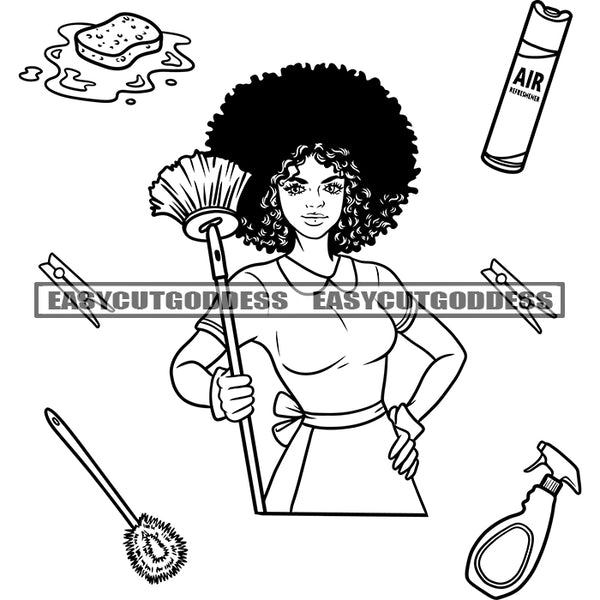 African American Woman Housewife Black And White Artwork Afro Woman Smile Face Hairstyle Holding House Accessories BW SVG JPG PNG Vector Clipart Cricut Silhouette Cut Cutting