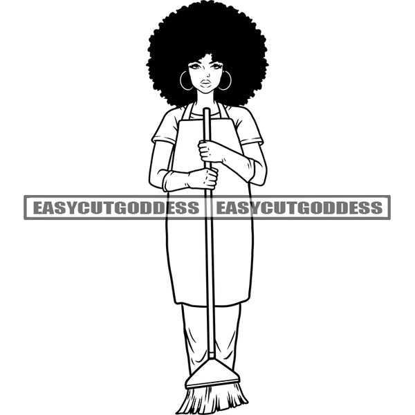 African American Cleaner Woman Standing Afro Hairstyle Wearing Hoop Earing Vector Design Element BW Artwork Hardworking Man SVG JPG PNG Vector Clipart Cricut Silhouette Cut Cutting