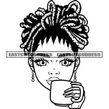 African American Woman Holding Coffee Mug Locus Hairstyle Black And White Artwork Long Nail Wearing Earing SVG JPG PNG Vector Clipart Cricut Silhouette Cut Cutting