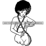 African American Woman Holding Hammer Black And White Artwork Afro Short Hairstyle Wearing Metal Chain Design Element SVG JPG PNG Vector Clipart Cricut Silhouette Cut Cutting