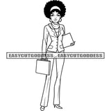 African American Business Woman Standing Holding Briefcase And File Book Sexy Pose Afro Woman Headband Wearing Hoop Earing Black And White Artwork BW Depression Face SVG JPG PNG Vector Clipart Cricut Silhouette Cut Cutting
