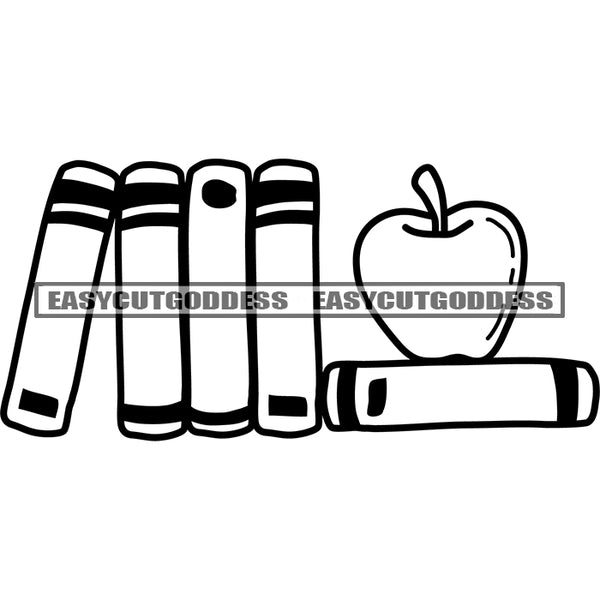 Apple On Book And Lot Of Book Artwork Black And White Artwork Silhouette Design Element SVG JPG PNG Vector Clipart Cricut Silhouette Cut Cutting