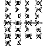 A To Z Word And Butterfly Symbol Design BW Quote Black And White Artwork Silhouette Design Element SVG JPG PNG Vector Clipart Cricut Silhouette Cut Cutting