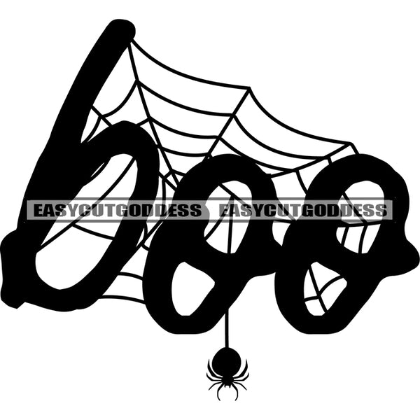 Boo Quote Spider And Spider Nest Silhouette Black And White Artwork Design Element SVG JPG PNG Vector Clipart Cricut Silhouette Cut Cutting