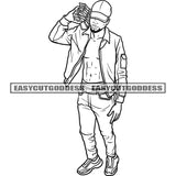 African American Gangster Man Holding Lot Of Money Bundle Open Shirt Wearing Cap Black And White Artwork Design Element SVG JPG PNG Vector Clipart Cricut Silhouette Cut Cutting