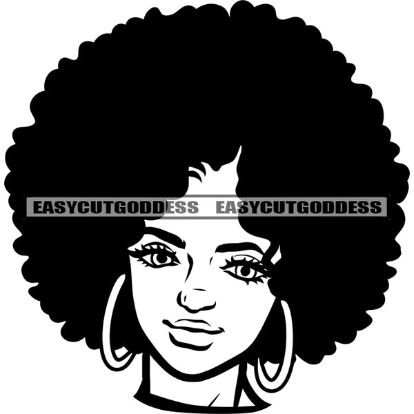 African American Woman Head Design Element Afro Hairstyle Wearing Hoop Earing Smile Face BW Artwork Cute African Woman SVG JPG PNG Vector Clipart Cricut Silhouette Cut Cutting