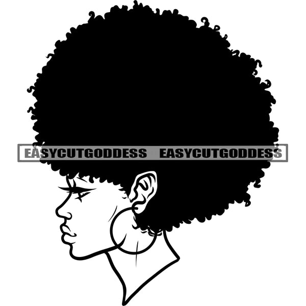 African American Woman Head And Face Design Element Afro Hairstyle Wearing Hoop Earing BW Artwork Side Look Woman Face SVG JPG PNG Vector Clipart Cricut Silhouette Cut Cutting