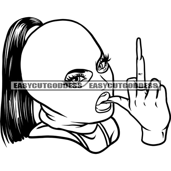 African American Woman Showing Middle Finger Wearing Face Musk Hair Out Of Musk Hide Face Black And White Artwork BW Design Element SVG JPG PNG Vector Clipart Cricut Silhouette Cut Cutting