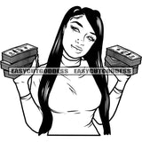 African American Plus Size Woman Holding Money Bundle Long Hairstyle Design Element BW Artwork Smile Face Woman SVG JPG PNG Vector Clipart Cricut Silhouette Cut Cutting