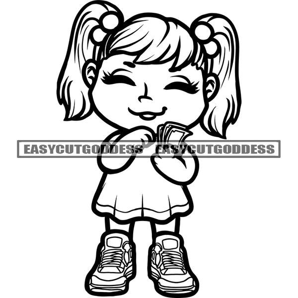 Afro Girls Smile Face And Holding Money Black And White Artwork BW African American White Background SVG JPG PNG Vector Clipart Cricut Silhouette Cut Cutting