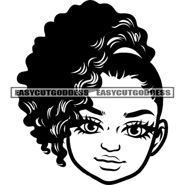 Cute African American Woman Face Design Element Curly Short Hairstyle Vector Artwork BW Smile Face SVG JPG PNG Vector Clipart Cricut Silhouette Cut Cutting
