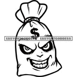 Funny Money Bag Cartoon Character Smile Face Artwork BW Dollar Sigh Art On Bag Head Vector SVG JPG PNG Vector Clipart Cricut Silhouette Cut Cutting