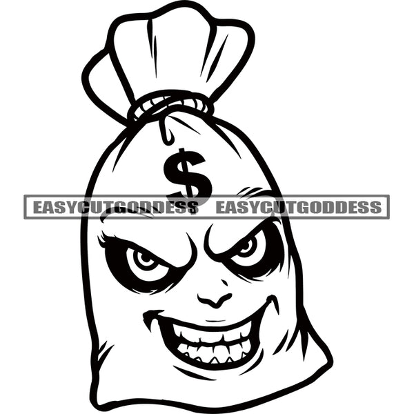 Funny Money Bag Cartoon Character Smile Face Artwork BW Dollar Sigh Art On Bag Head Vector SVG JPG PNG Vector Clipart Cricut Silhouette Cut Cutting