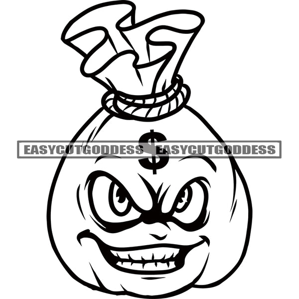 Funny Small Money Bag Cartoon Character Smile Face Artwork BW Dollar Sigh Art On Bag Head Vector SVG JPG PNG Vector Clipart Cricut Silhouette Cut Cutting