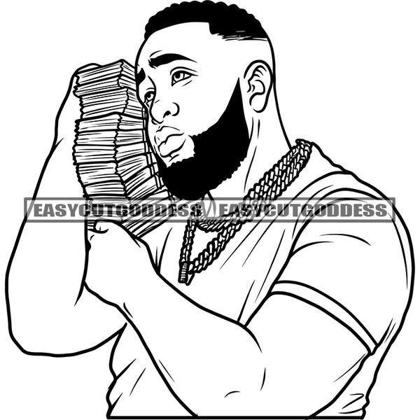 African American Plus Size Man Holding Money Bundle Afro Man Short Hairstyle Design Element Black And White Artwork SVG JPG PNG Vector Clipart Cricut Silhouette Cut Cutting