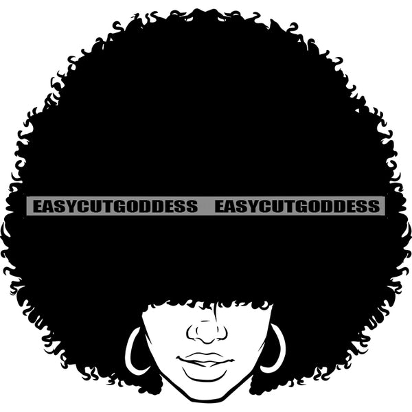 Afro Big Hairstyle Woman Wearing Hoop Earing Smile Face Black And White Artwork African American Woman SVG JPG PNG Vector Clipart Cricut Silhouette Cut Cutting