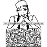 Black And White Artwork African Woman Showing Middle Finger Long Nail Vector Lot Of Money Bundle On Floor Long Hairstyle Wearing Cap Vector BW SVG JPG PNG Vector Clipart Cricut Silhouette Cut Cutting