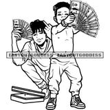 African Boys Showing Middle Finger And Money Afro Hairstyle Holding Money Note Vector BW Artwork Box On Floor Design Element SVG JPG PNG Vector Clipart Cricut Silhouette Cut Cutting