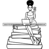 African American Sexy Woman Sitting On Book Holding Mug Laptop Vector Design Element Black And White BW Afro Hairstyle SVG JPG PNG Vector Clipart Cricut Silhouette Cut Cutting