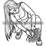 African American Sexy Woman Holding Dollar Note Money Bundle Design Element Afro Woman Sitting Pose Long Hairstyle BW Artwork SVG JPG PNG Vector Clipart Cricut Silhouette Cut Cutting