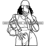 Sexy African American Woman Holding Phone Long Nail Wearing Cap Vector Curly Long Hairstyle And Shirt SVG JPG PNG Vector Clipart Cricut Silhouette Cut Cutting