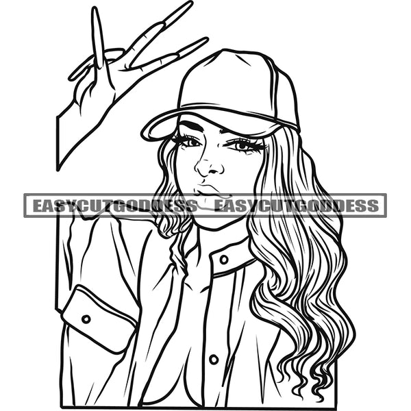 Black And White African American Woman Showing Peach Hand Sign Wearing Cap Curly Long Hairstyle Design Element Smile Face SVG JPG PNG Vector Clipart Cricut Silhouette Cut Cutting