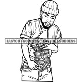 African American Gangster Man Holding Money Bundle And Wearing Cap Vector Black And White Artwork Design Element BW SVG JPG PNG Vector Clipart Cricut Silhouette Cut Cutting