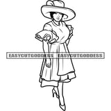 Standing Woman Wearing Hat African American Woman Cute Face Design Element Smile Face Afro Hairstyle Vector Black And White Artwork SVG JPG PNG Vector Clipart Cricut Silhouette Cut Cutting