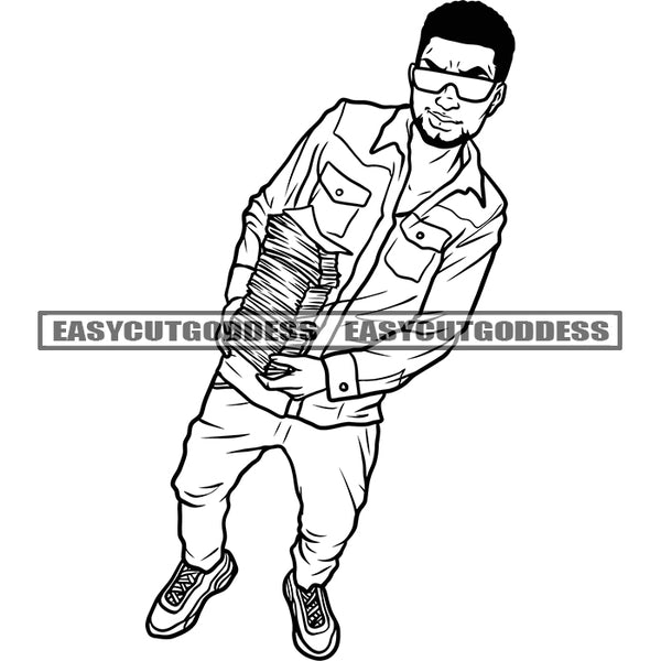 Black And White Artwork Afro Man Holding Lot Of Money Bundle BW African American Man Wearing Sunglasses Vector Afro Hairstyle SVG JPG PNG Vector Clipart Cricut Silhouette Cut Cutting