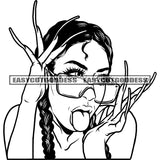 African American Sexy Woman Tongue Out Of Mouth Long Nail Design Element Long Hairstyle Wearing Bikini Vector Wearing Sunglass BW Artwork SVG JPG PNG Vector Clipart Cricut Silhouette Cut Cutting