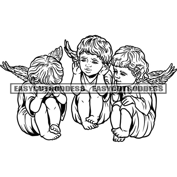 Afro Angle Gils Sitting On Floor Afro Angel Wings Face Thinking Pose BW Artwork Design Element Afro Hairstyle SVG JPG PNG Vector Clipart Cricut Silhouette Cut Cutting