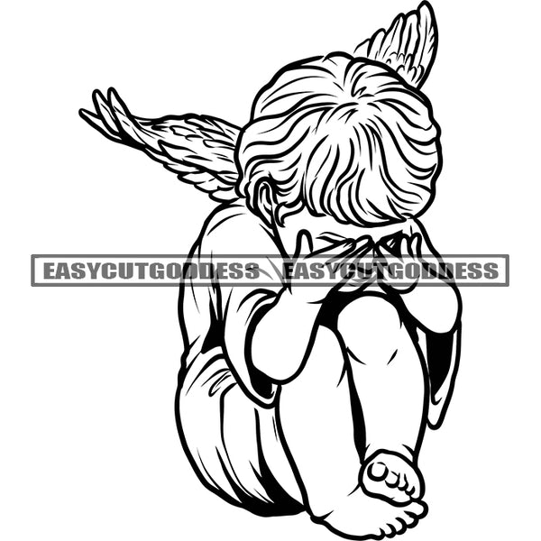 Angle Face Thinking Pose Afro Angle Gils Sitting On Floor Afro Angel Wings Face Thinking Pose BW Artwork Design Element Afro Hairstyle SVG JPG PNG Vector Clipart Cricut Silhouette Cut Cutting