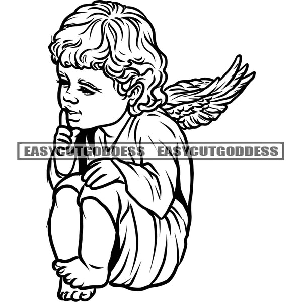 Black And White Angle Face Thinking Pose Afro Angle Gils Sitting On Floor Afro Angel Wings Face Thinking Pose BW Artwork Design Element Afro Hairstyle SVG JPG PNG Vector Clipart Cricut Silhouette Cut Cutting