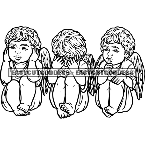 Smile Face Angle Afro Angle Gils Sitting On Floor Afro Angel Wings Face BW Artwork Design Element Afro Hairstyle SVG JPG PNG Vector Clipart Cricut Silhouette Cut Cutting